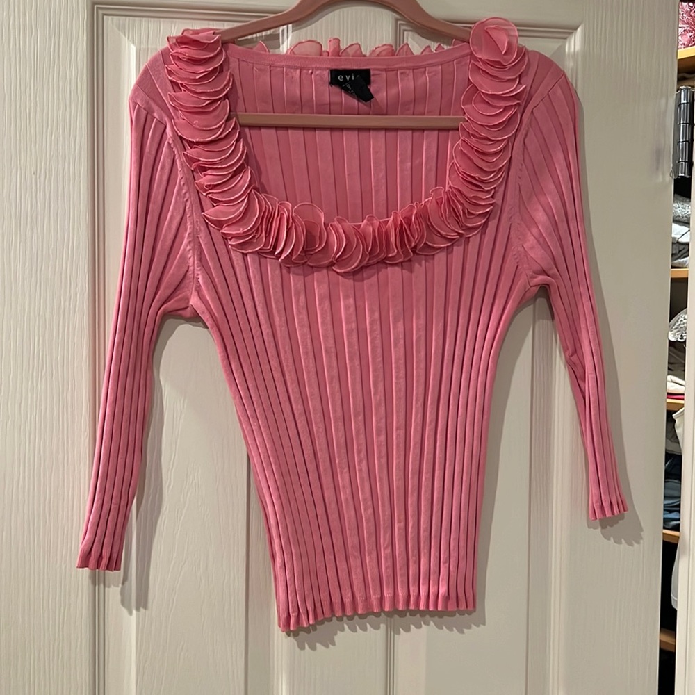 Gorgeous pink stretchy top with ruffle neckline